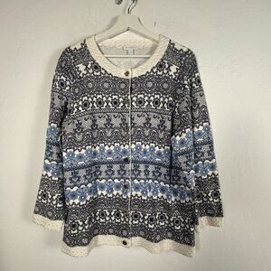 Charter Club Womens XL Lace Print Cardigan Sweater Cotton Blend Blue & White